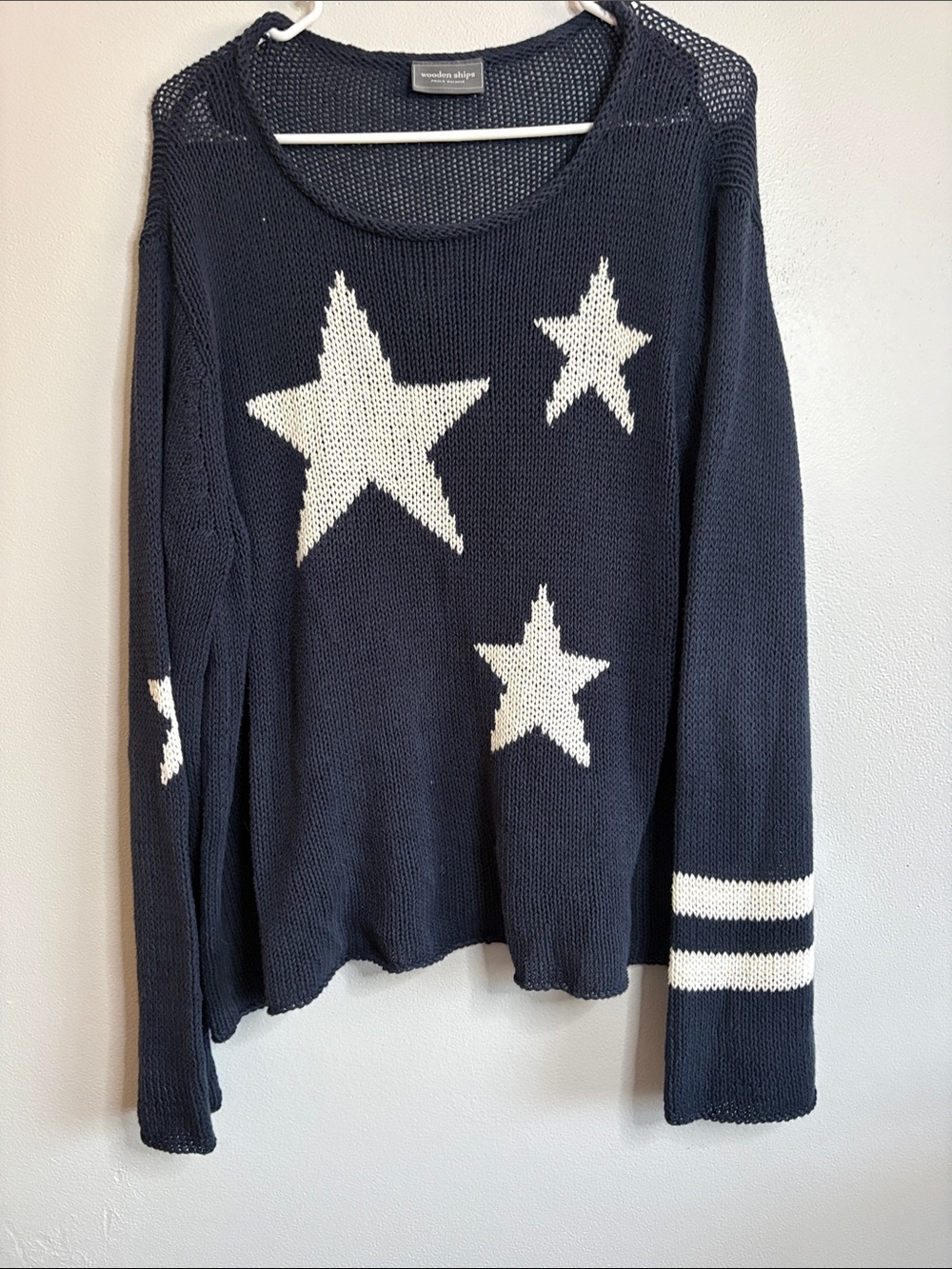 Wooden Ships Navy Open-Knit Sweater with Cream Stars